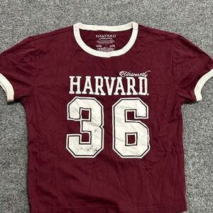 Harvard T-Shirt Womens Size L Maroon Ringer Short Sleeve Graphic Crop Top Shirt